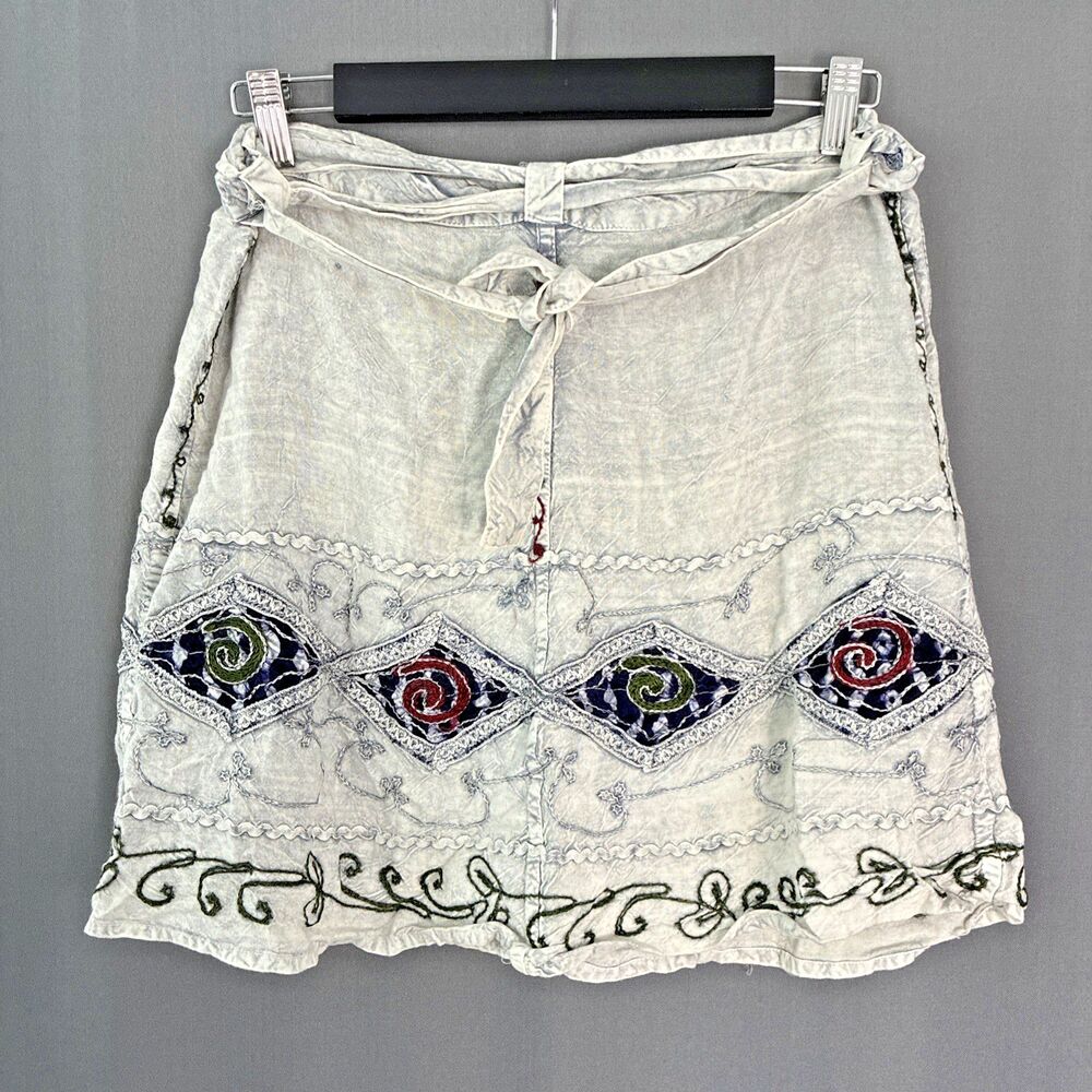Embroidered Gray Wrap Mini Skirt OS Adjustable Fairy Boho Beach Festival India